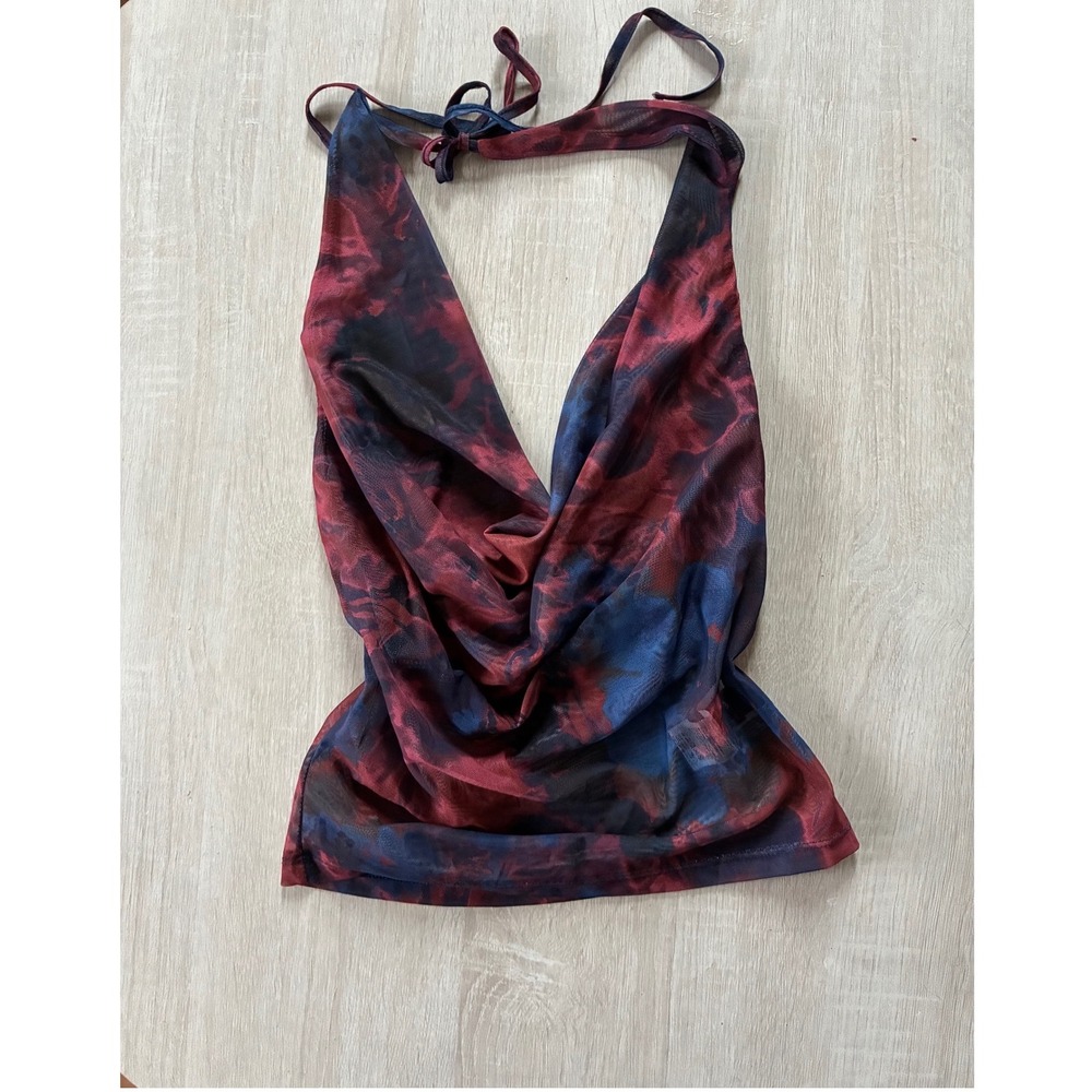 Mesh Halter Top Cowl Neck Sheer Abstract Floral Grunge Goth Red Blue Size 6